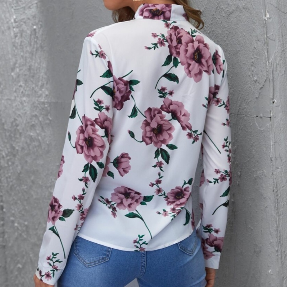 Boho Floral Tie Neck Long Sleeve Blouse - Picture 5 of 5